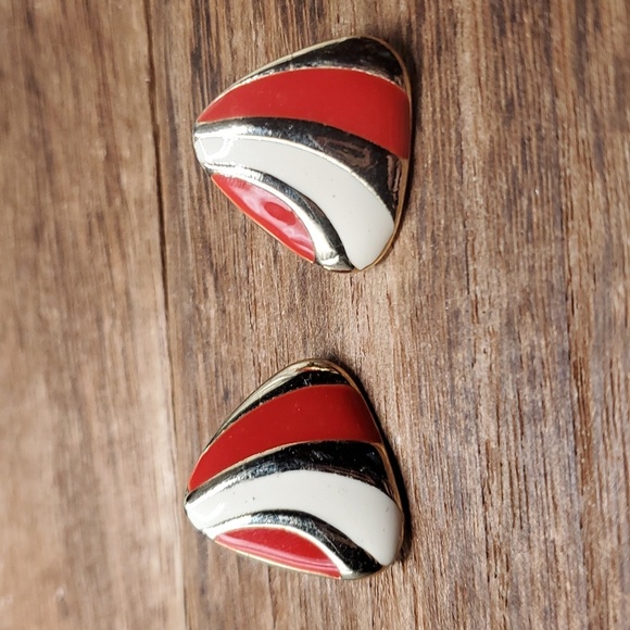 E461 red‎ and white enamel swirl earrings vintage - Picture 1 of 2